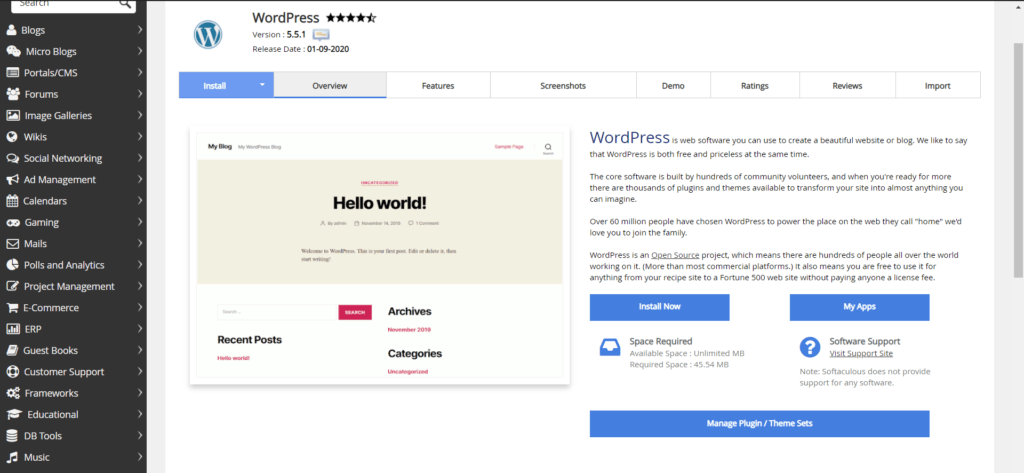 wordpress softaculous